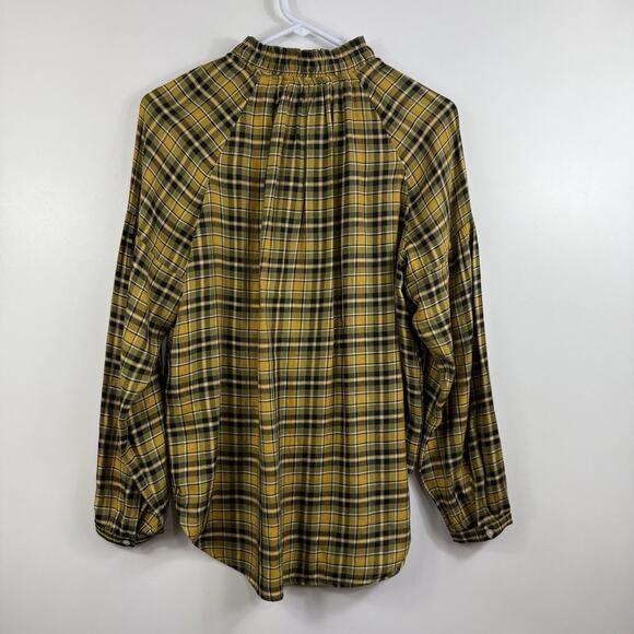 Loft Yellow Black Plaid Button Up Shirt Small Ruffle Neck Fall Tunic Preppy - Picture 8 of 14